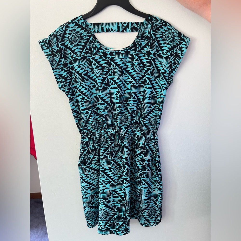 Teal and Black Geometric Midi Dress with Pockets